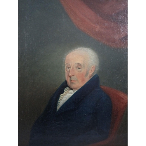 1221 - A 19th century portrait of an old man with red chair and drape, 37 x 24.5cm