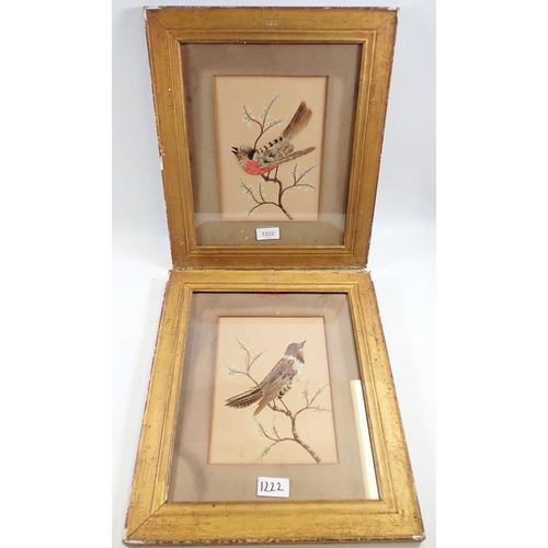 1222 - A pair of 19th century watercolour and feather collage bird pictures, 22 x 16cm