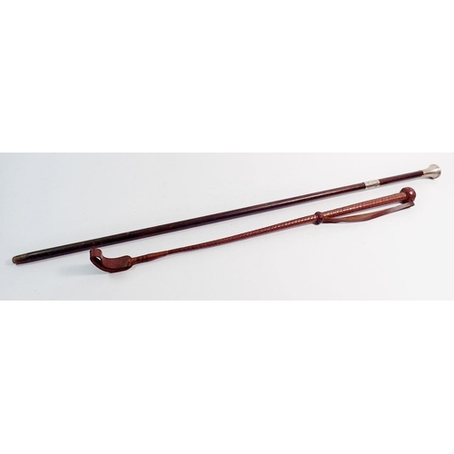 1237 - A plaited riding whip and a leather and silver plated coronation swagger stick