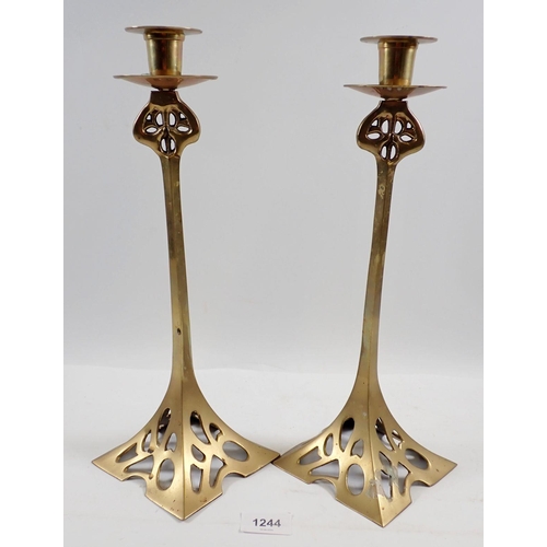 1244 - A pair of tall brass Art Nouveau style candlesticks, 36cm tall