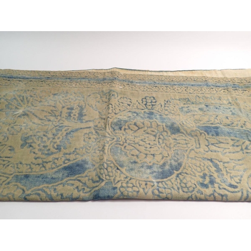 1251 - A 19th century Arts & Crafts block printed blue hanging 68 x 118cm and a piece of blue floral silk d... 