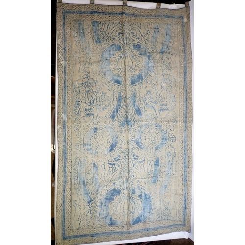 1251 - A 19th century Arts & Crafts block printed blue hanging 68 x 118cm and a piece of blue floral silk d... 