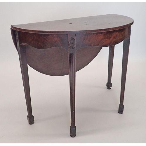 1261 - A George III mahogany demi-lune side table with drop flap to back on square tapered supports, 91cm w... 