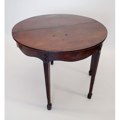 1261 - A George III mahogany demi-lune side table with drop flap to back on square tapered supports, 91cm w... 