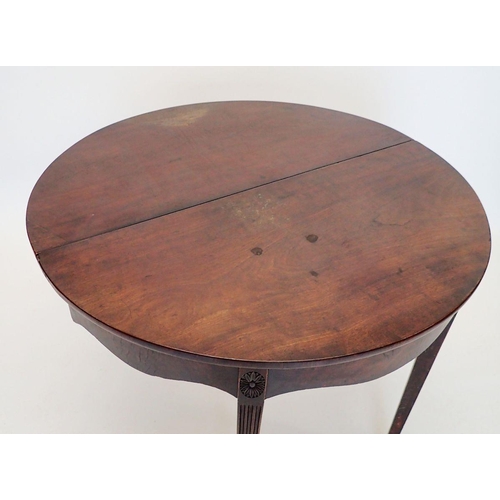 1261 - A George III mahogany demi-lune side table with drop flap to back on square tapered supports, 91cm w... 