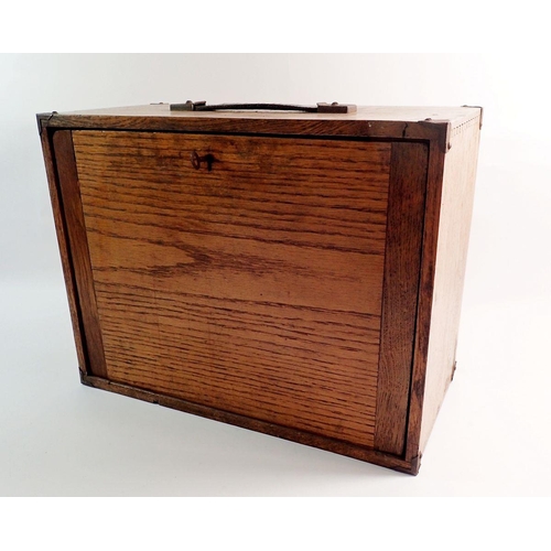 1262 - An oak drop front collectors/engineers tools cabinet comprising five drawers and leather handle by E... 