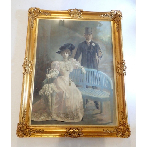 1269 - A 19th century large pastel portrait of man and woman seated and standing by a blue bench, 100 x 72c... 