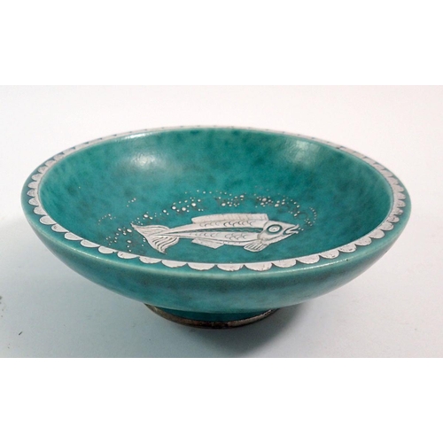 127 - A Swedish Gustausberg turquoise bowl with inlaid silver fish, 12.3cm diameter