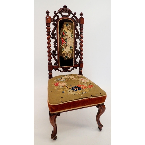 1289 - A Victorian side chair with carved scrollwork and spiral back with original tapestry seat and back p... 