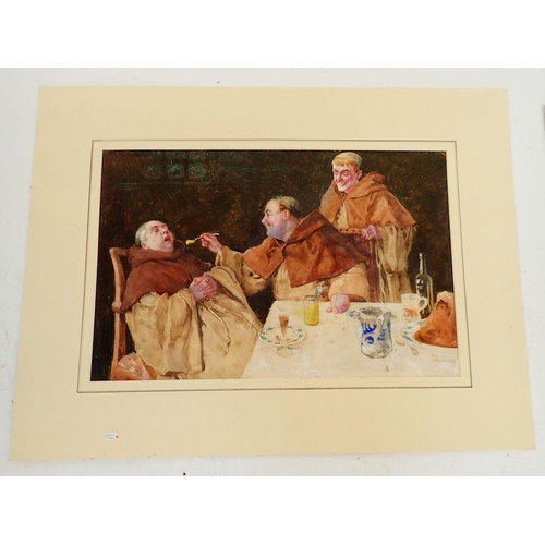 1297 - Tom Browne - watercolour of three monks '87, unframed, 34 x 52cm