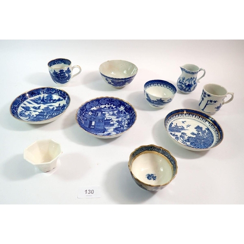 130 - A collection of 18th century English blue and white porcelain tea ware including trio, sparrow beak ... 