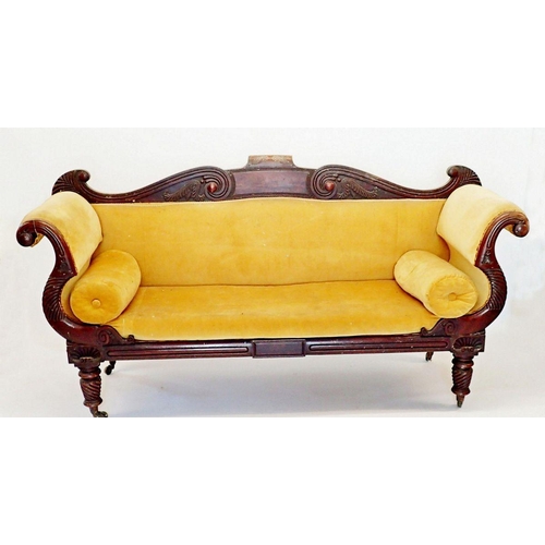 1316 - A fine Regency mahogany sofa with carved scroll back, scroll over arms and turned supports, 205cm wi... 