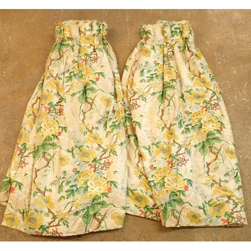 1319 - A pair of yellow floral oriental style green and yellow curtains 150 wide x 137cm drop