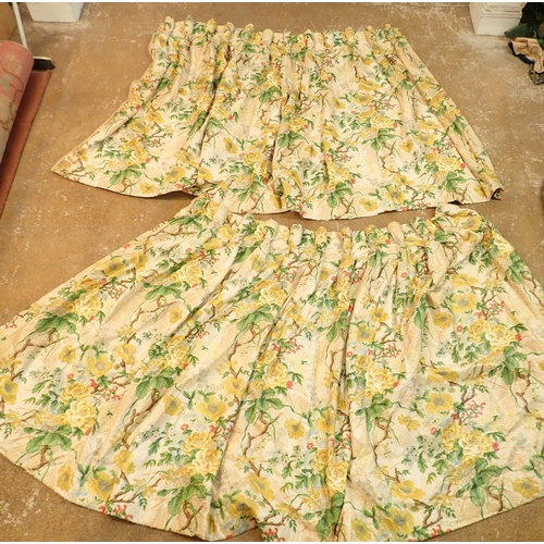 1319 - A pair of yellow floral oriental style green and yellow curtains 150 wide x 137cm drop