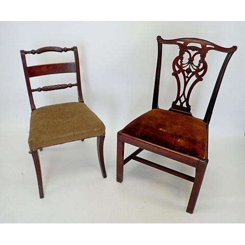 1322 - A Chippendale style mahogany chair with carved interlaced splat and a Regency style chair on sabre s... 