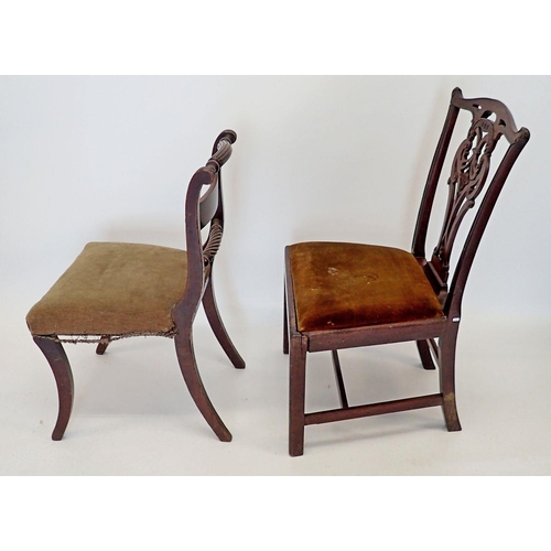 1322 - A Chippendale style mahogany chair with carved interlaced splat and a Regency style chair on sabre s... 