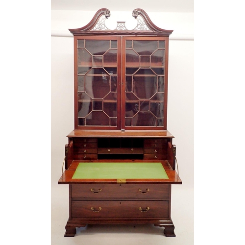 1323 - A fine 19th century George III style mahogany secrétaire bookcase with pierced swan neck pediment ov... 