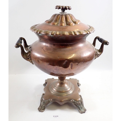 1324 - A Victorian copper and brass bombe form samovar, 40cm tall