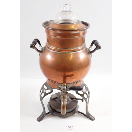 1326 - An American copper coffee percolator on brass stand with glass lid, 32cm