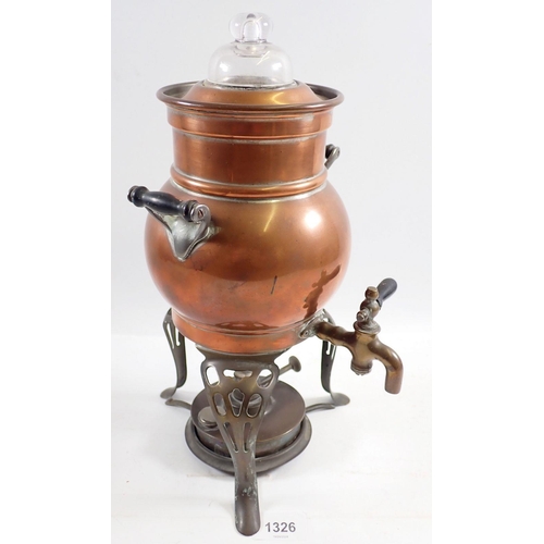 1326 - An American copper coffee percolator on brass stand with glass lid, 32cm