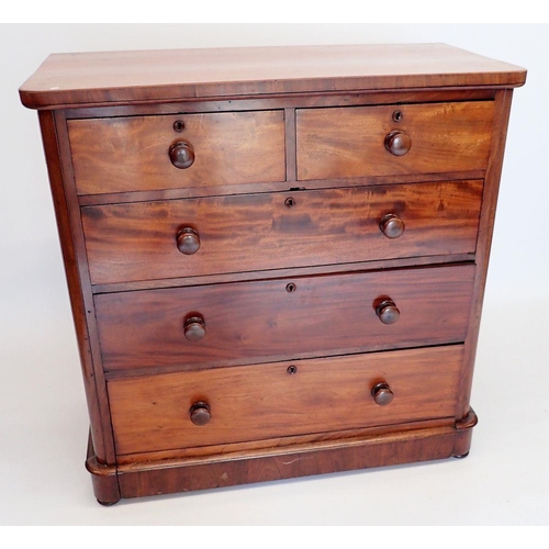 1330 - A Victorian mahogany chest of two short and three long drawers all on plinth base, 107 x 51.5 x 107c... 