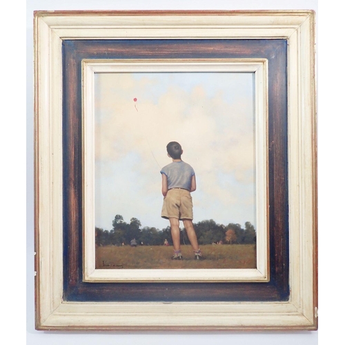 1332 - Ken Moroney (1949-2018) - oil on panel 'Young Boy Flying Kite' signed and labelled verso, 29 x 24cm