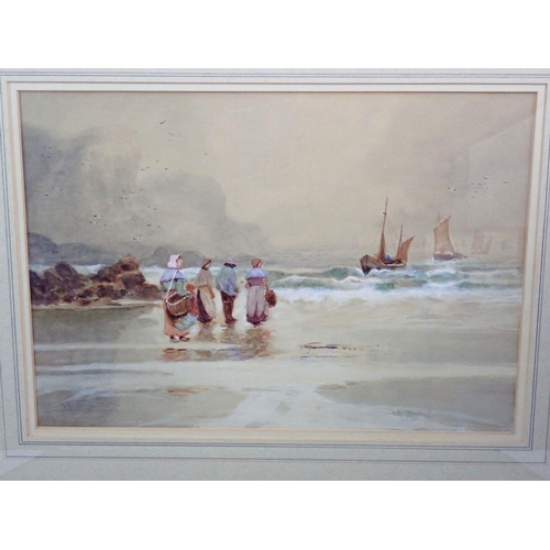 1333 - Harold Stuart - pair of watercolour coastal scenes with fishing boats and figures, 25.5 x 36cm