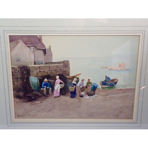 1333 - Harold Stuart - pair of watercolour coastal scenes with fishing boats and figures, 25.5 x 36cm