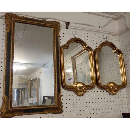 1337 - A pair of small gilt framed mirrors with broken arch and shell decoration, 32 x 20cm and another mir... 