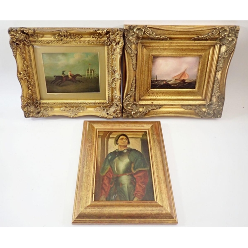 1339 - Two various gilt framed reproduction pictures including one of Horse Racing plus a 17th century mari... 