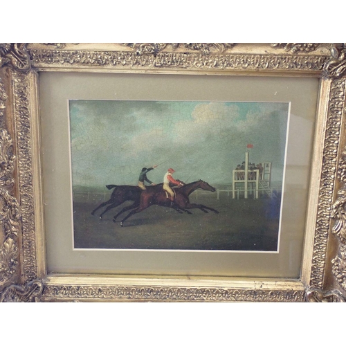 1339 - Two various gilt framed reproduction pictures including one of Horse Racing plus a 17th century mari... 