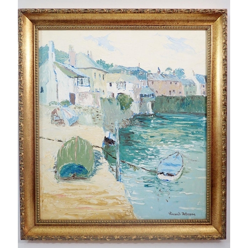 1350 - Vincent Peterson - oil on canvas harbour scene with row boat tied to the moorings and cottages in ba... 