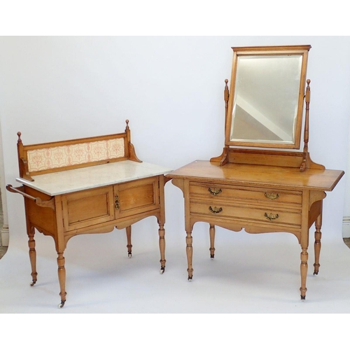 1355 - An Edwardian satin ash marble top washstand with pink tile back and matching dressing table