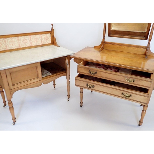 1355 - An Edwardian satin ash marble top washstand with pink tile back and matching dressing table