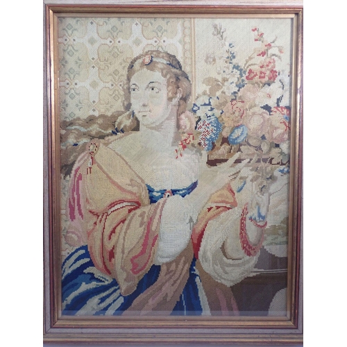 1356 - A 19th century petit point tapestry classical woman and flowers, 53 x 40cm