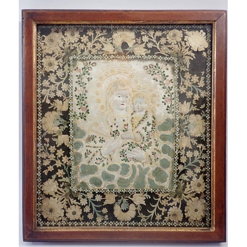 1362 - A 19th century Venetian pressed paper, beadwork and cut out paper collage picture of the  Madonna an... 