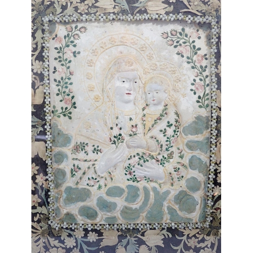 1362 - A 19th century Venetian pressed paper, beadwork and cut out paper collage picture of the  Madonna an... 