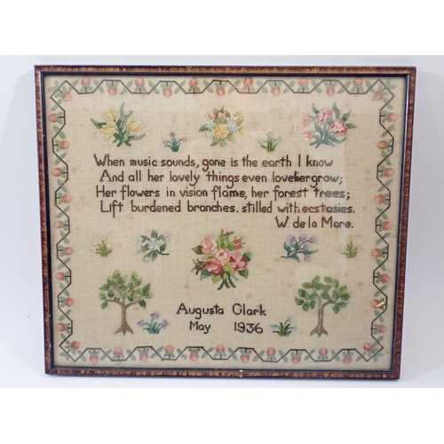 1363 - A 1930's sampler with floral sprigs and Walter de la Mere text by Augusta Clark 1936