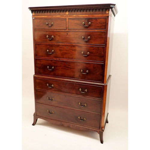 1368 - A fine 19th century George III style mahogany secrétaire chest on chest with satinwood inlaid patera... 