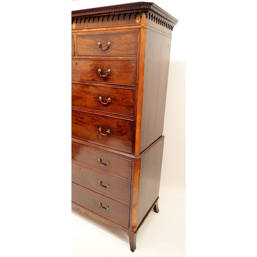 1368 - A fine 19th century George III style mahogany secrétaire chest on chest with satinwood inlaid patera... 