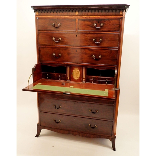 1368 - A fine 19th century George III style mahogany secrétaire chest on chest with satinwood inlaid patera... 