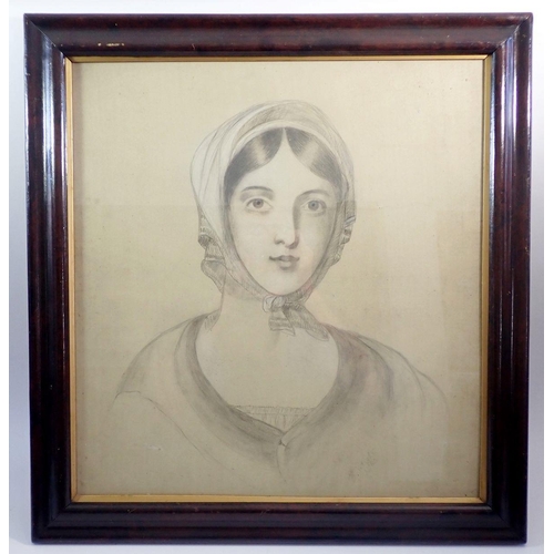 1376 - A pencil drawing of an Edwardian lady, 51 x 47cm