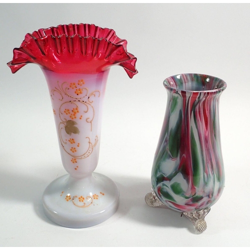 138 - A Victorian cranberry and milk glass vase with painted decoration and a streaked glass vase, 16cm