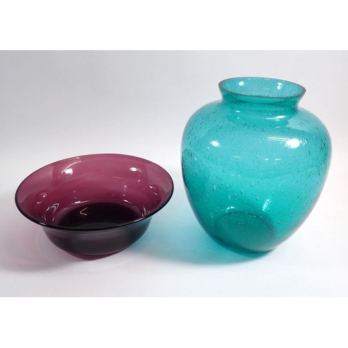 141 - A turquoise bubbled glass vase, 22cm and a purple glass bowl