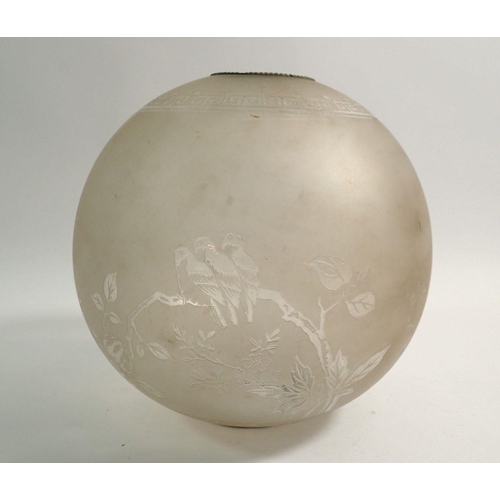 145 - An etched glass globe oil lamp shade, 17cm diameter, 5cm opening