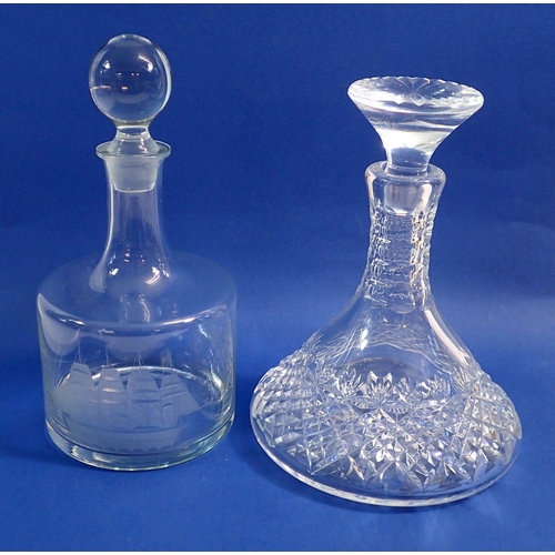 146 - A ships cut glass decanter and a decanter engraved ship, tallest 28cm