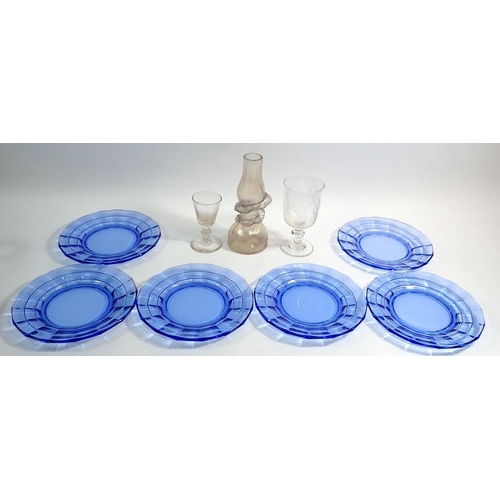 149 - Six blue glass plates and an Art Nouveau lustred glass vase, 19cm plus two 18th century wine glass