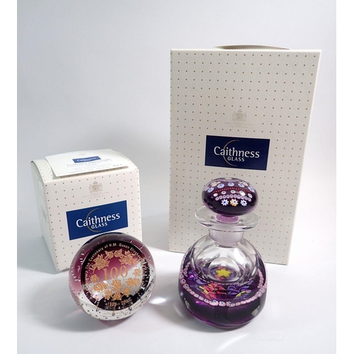 159 - A Caithness Queen Mother perfume bottle and a Queen Mother paperweight, boxed