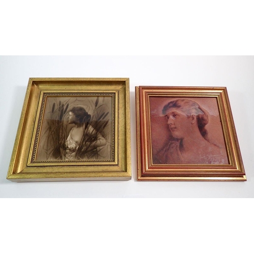 16 - Two gilt framed tiles decorated Victorian women, 13.5cm square