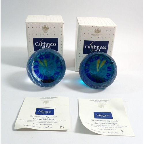 163 - A pair of Caithness New Year limited edition paperweights - 'Five To' and 'Five Past Midnight' - box... 